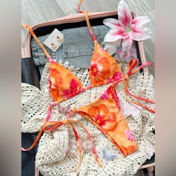 Pretty Woman Boutique Other - Orange Pink Floral Halter Side Tie Bikini Set